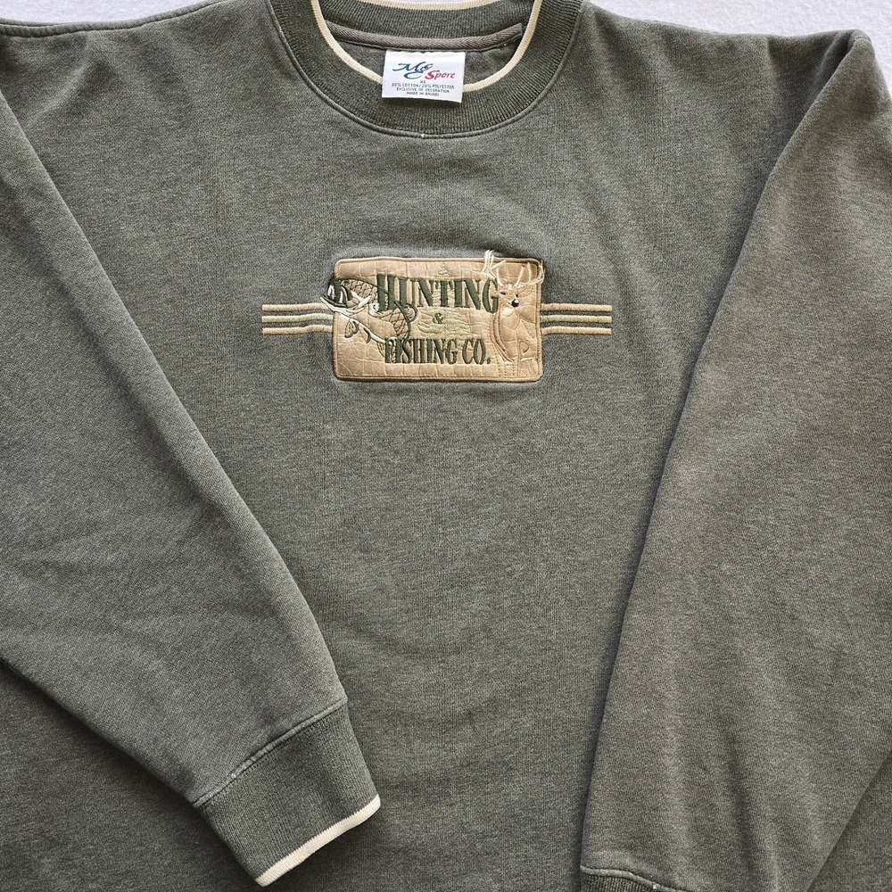 Vintage Fishing Hunting Crewneck XL Olive Green Embroidered Wildlife Outdoor...